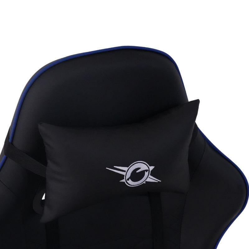 Reposabrazos acolchado azul y negro de la Silla Gaming PowerGaming Itokawa con reposapiés; acabado ergonómico y detalles en costuras texturizadas.