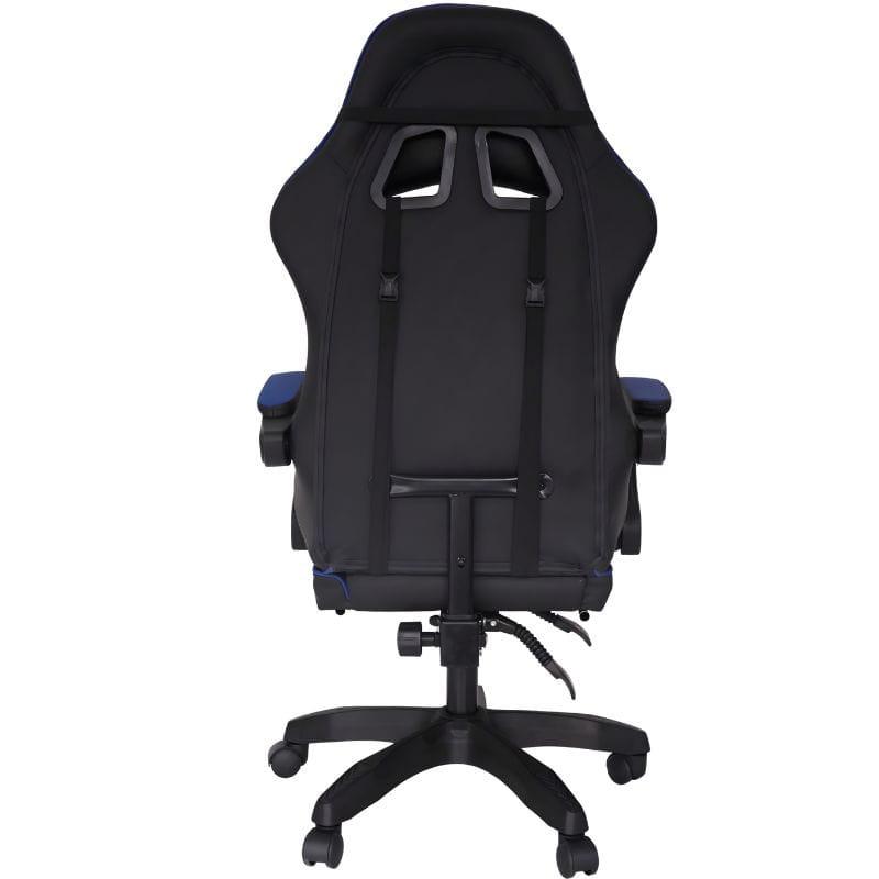 Silla Gaming PowerGaming Itokawa con reposapiés: diseño ergonómico negro y azul, cojín cervical, apoyabrazos acolchados, respaldo alto y base con ruedas.