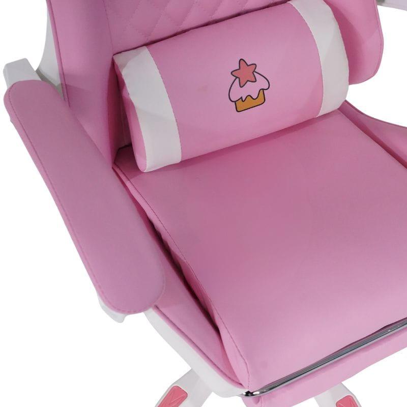 Coussin lombaire rose avec motif cupcake, accoudoirs rembourrés et sellerie rose à surpiqûres, style kawaii. Chaise gaming PowerGaming Sakura Neko.