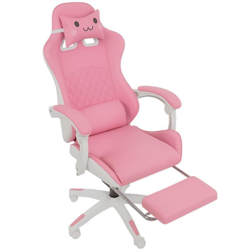 Chaise gaming rose et blanche avec accoudoirs courbés, coussin appuie-tête neko, dossier haut, base à 5 roulettes; style Sakura Neko, ergonomique et kawaii.