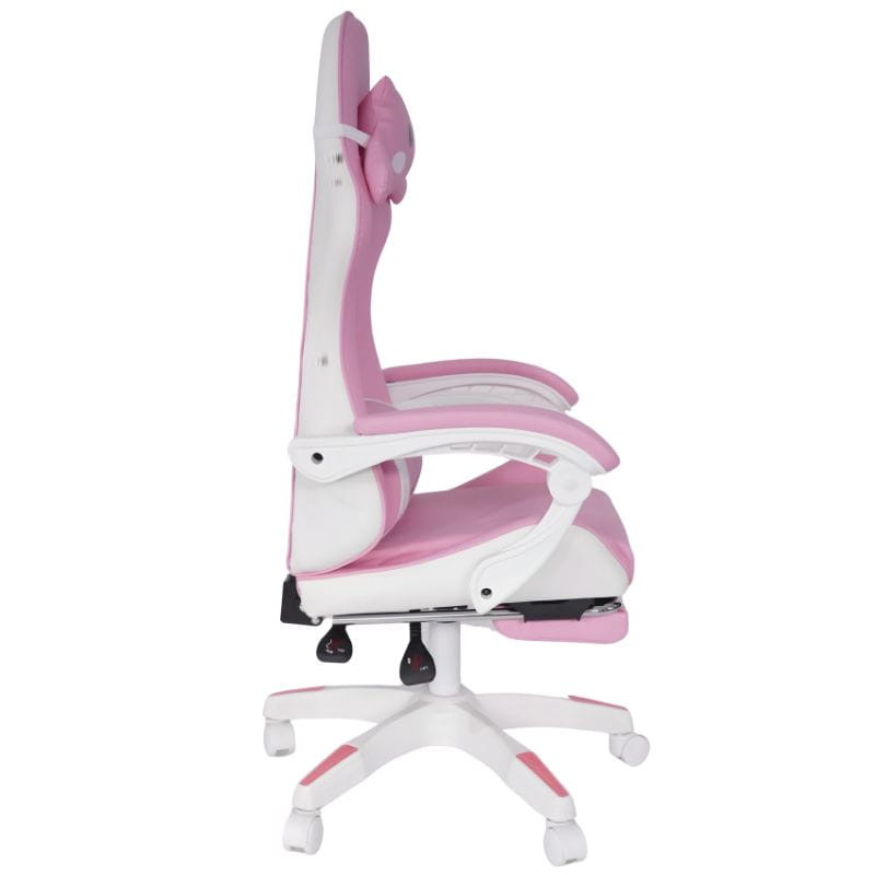 Chaise gaming PowerGaming Sakura Neko rose et blanche, coussin oreiller kawaii, soutien lombaire, accoudoirs rembourrés, repose-pieds extensible, base à