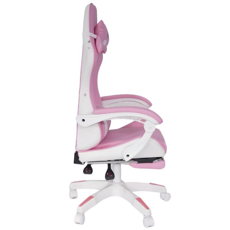 Chaise gaming PowerGaming Sakura Neko rose et blanche, coussin oreiller kawaii, soutien lombaire, accoudoirs rembourrés, repose-pieds extensible, base à
