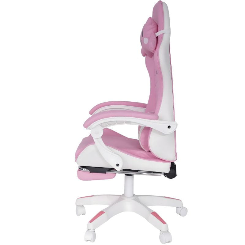 Chaise gaming PowerGaming Sakura Neko rose et blanche, dossier haut, appui-tête avec oreilles, accoudoirs rembourrés, base à roulettes blanche pivotante.