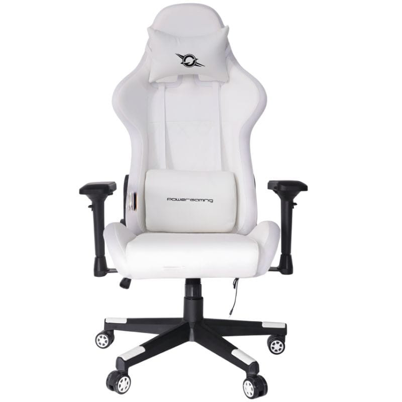 Silla Gaming PowerGaming Lilith RGB Blanco: respaldo alto tipo bucket, tapizado blanco, apoyabrazos ajustables, base negra con ruedas, cable para iluminación