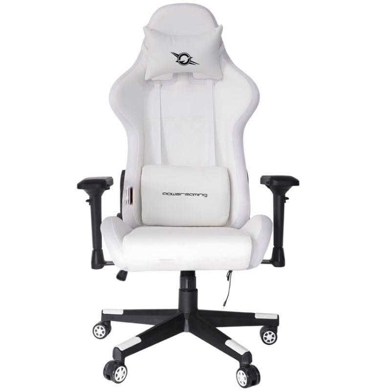 Silla Gaming PowerGaming Lilith RGB Blanco: respaldo alto tipo bucket, tapizado blanco, apoyabrazos ajustables, base negra con ruedas, cable para iluminación