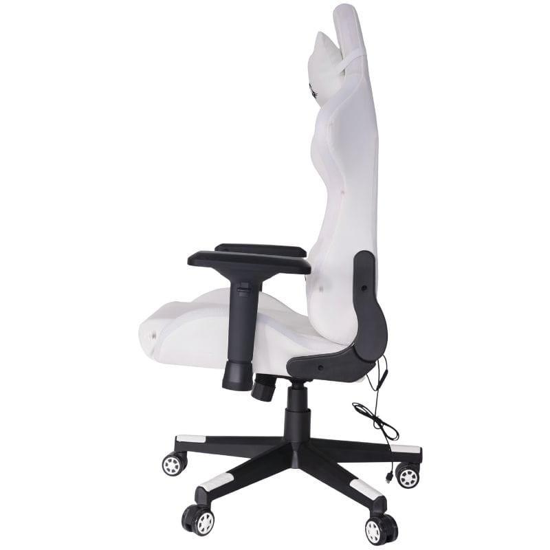 Silla Gaming PowerGaming Lilith RGB Blanco: tapizado blanco con patrón acolchado, cojín lumbar extraíble, reposabrazos ajustables y soporte ergonómico.