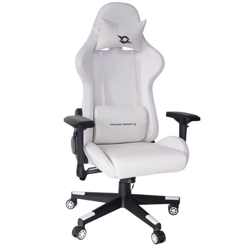 Silla Gaming PowerGaming Lilith RGB Blanco: respaldo blanco con cojín cervical ajustable y logo bordado, tapizado de cuero sintético y malla transpirable.