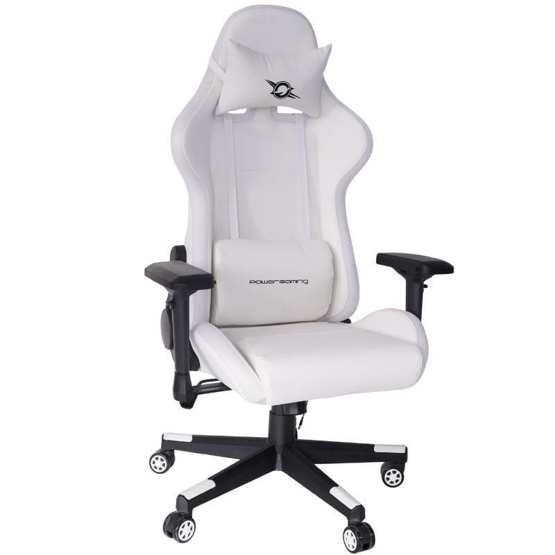 Silla Gaming PowerGaming Lilith RGB Blanco: respaldo blanco con cojín cervical ajustable y logo bordado, tapizado de cuero sintético y malla transpirable.