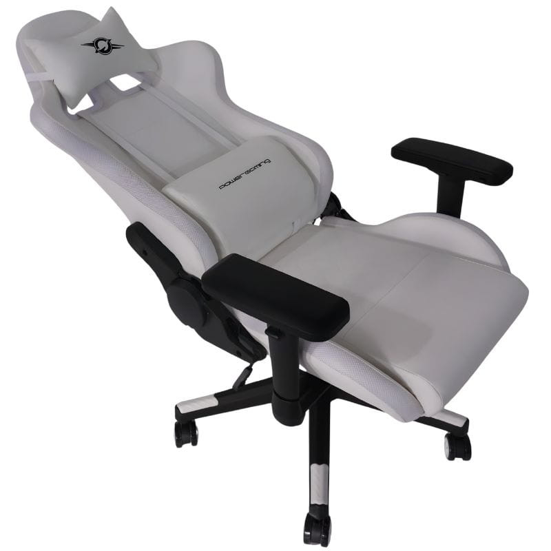 Silla Gaming PowerGaming Lilith RGB Blanco con diseño ergonómico, respaldo reclinable, cojín cervical, reposabrazos ajustables y base con ruedas.