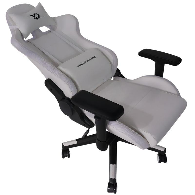 Silla Gaming PowerGaming Lilith RGB Blanco con diseño ergonómico, respaldo reclinable, cojín cervical, reposabrazos ajustables y base con ruedas.