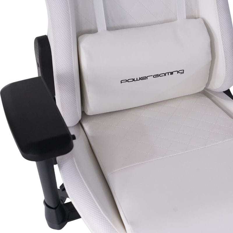 Silla Gaming PowerGaming Lilith RGB Blanco: diseño ergonómico, reposabrazos ajustables, respaldo alto con cojín, base negra con ruedas blancas, cable RGB