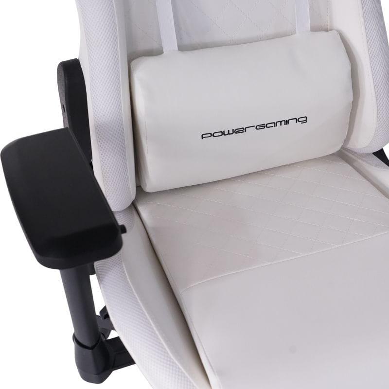 Silla Gaming PowerGaming Lilith RGB Blanco: diseño ergonómico, reposabrazos ajustables, respaldo alto con cojín, base negra con ruedas blancas, cable RGB