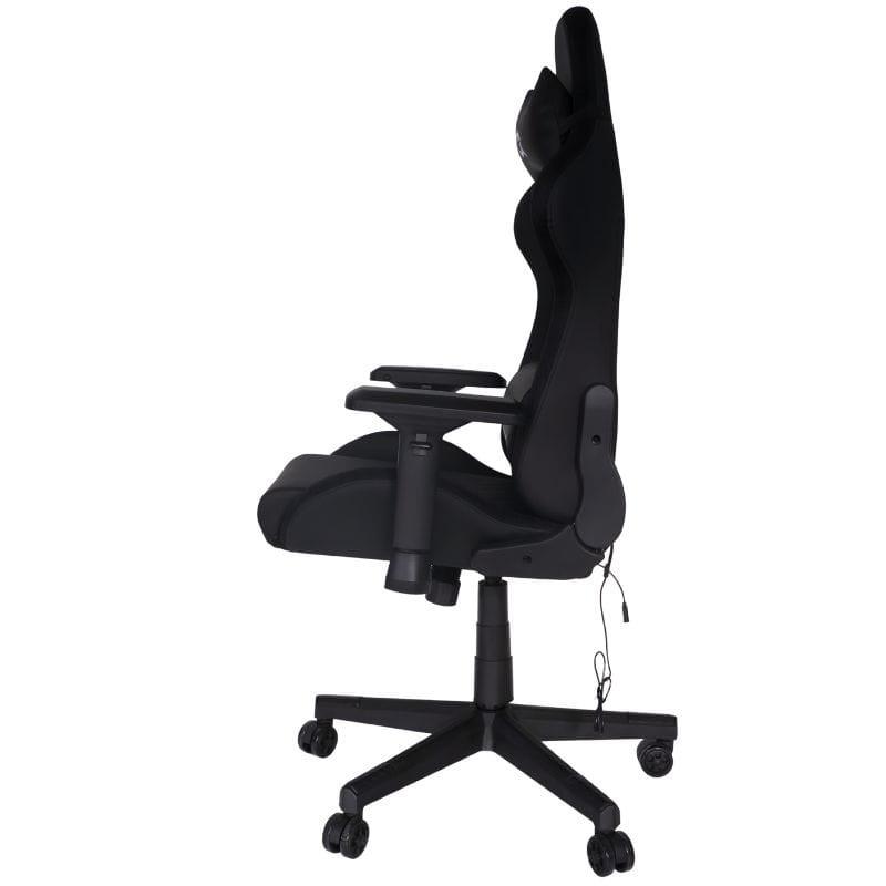 Chaise Gaming PowerGaming Lilith RGB Noir: siège baquet noir, accoudoirs réglables, coussin lombaire, dossier inclinable, roulettes stables, style e-sport.