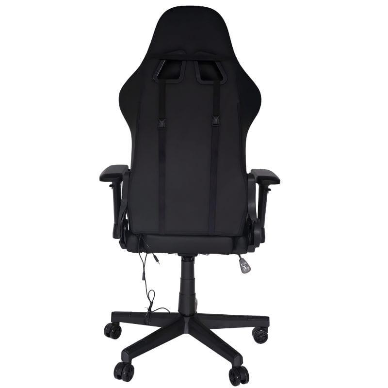Chaise Gaming PowerGaming Lilith RGB Noir: siège baquet ergonomique noir, accoudoirs réglables, coussin appui-tête, base à roulettes robuste.
