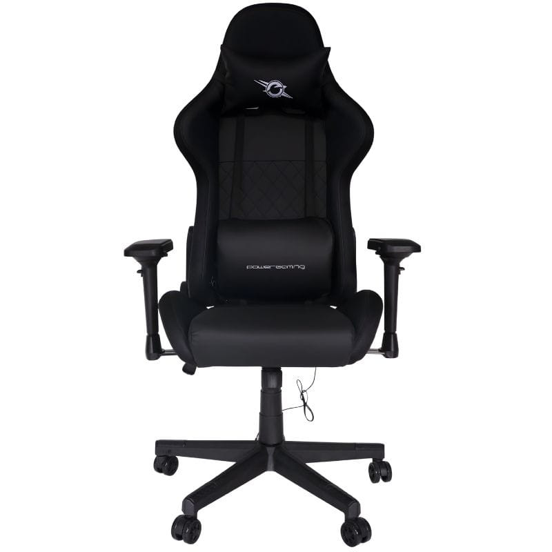 Chaise Gaming PowerGaming Lilith RGB Noir: dossier haut type baquet, accoudoirs réglables, base à 5 roulettes, câbles RGB apparents à l’arrière.