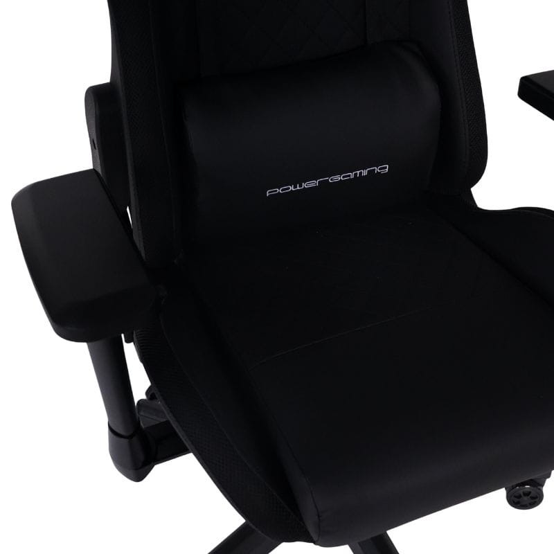 Chaise Gaming PowerGaming Lilith RGB Noir: siège ergonomique noir, dossier haut, coussins lombaire et appui-tête, assise rembourrée, base à roulettes
