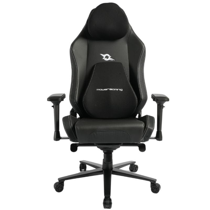 Silla Gaming PowerGaming Core Series en negro mate, respaldo alto ergonómico, reposabrazos ajustables y base con ruedas de 5 puntas para movilidad.