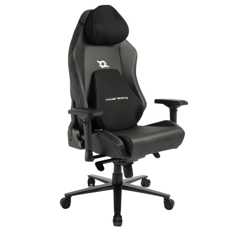 Silla Gaming PowerGaming Core Series negra, respaldo alto con cojín cervical, reposabrazos ajustables, costuras blancas, base con ruedas y asiento acolchado