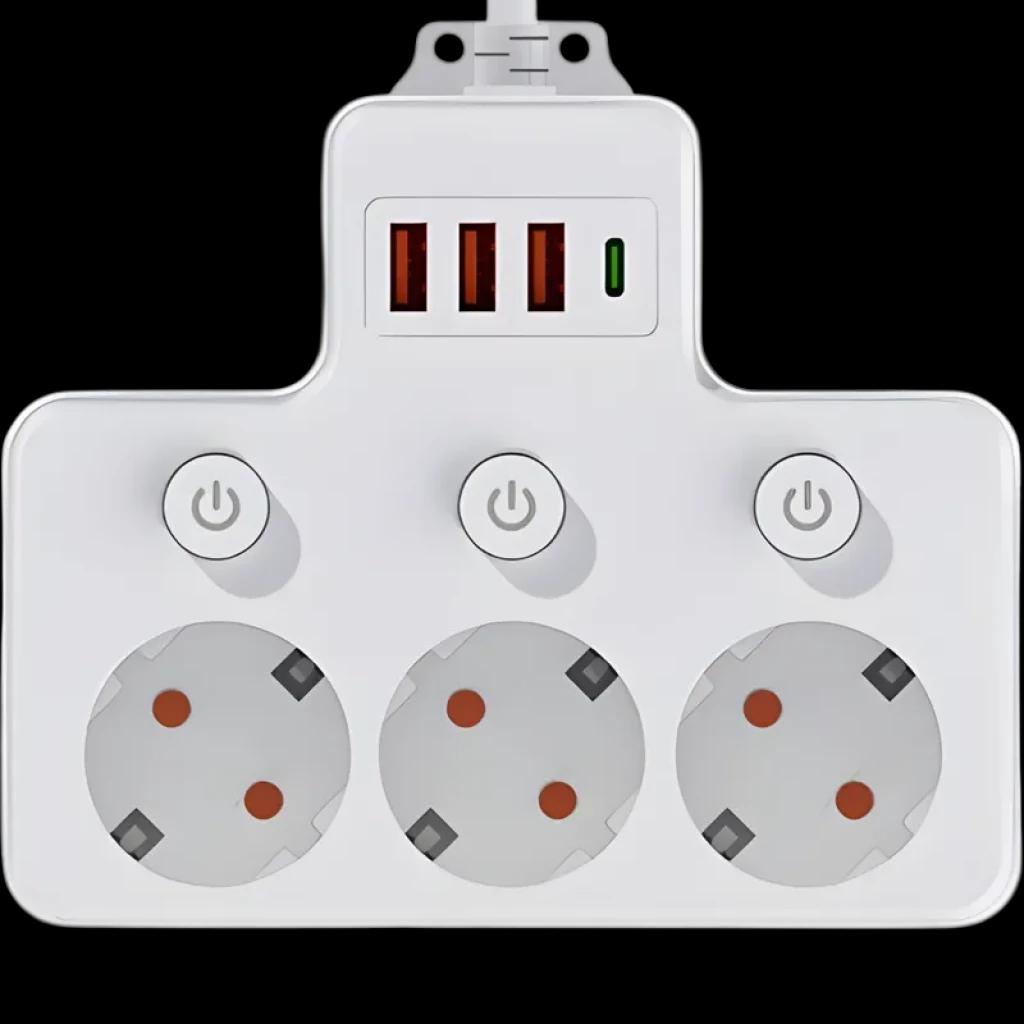 Multiprise 1 USB-C, 3 USB-A, 4 AC avec interrupteurs individuels