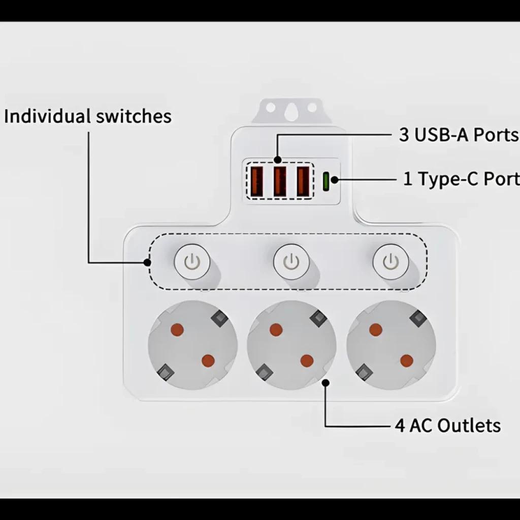 Multiprise 6 prises avec interrupteurs individuels, 4 prises CA, 3 ports USB A, 1 port USB C, voyants LED, boîtier blanc mural, disposition claire et