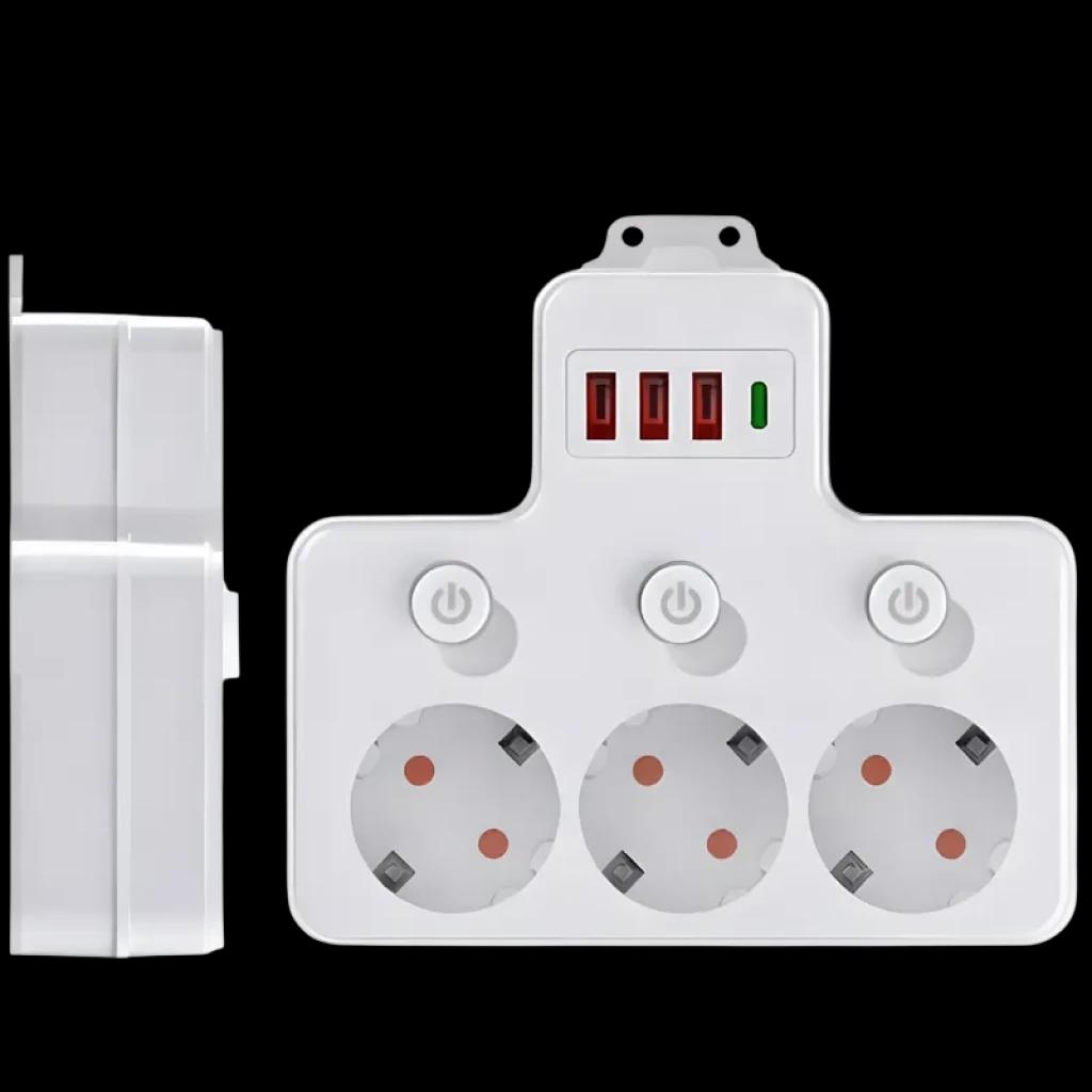 Multiprise 6 prises avec interrupteurs individuels, 3 ports USB rouges, indicateur LED vert, format mural compact, prises Schuko avec sécurité enfants