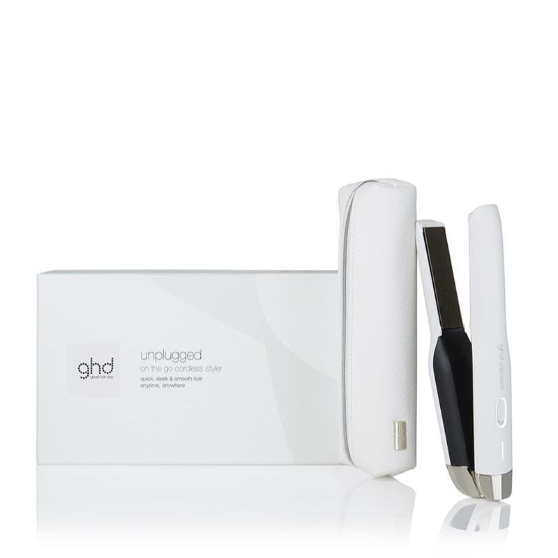 Ghd Unplugged Styler Plancha de pelo Inalámbrica Blanca, imagen con el estuche y la caja