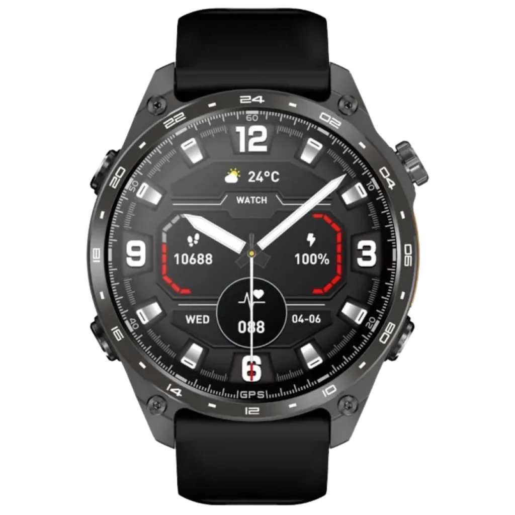 HD300 Pro Noir - Montre intelligente ronde en métal noir, lunette 24h, écran noir avec cadrans sportifs, capteur cardio, pas, batterie 100%, bracelet