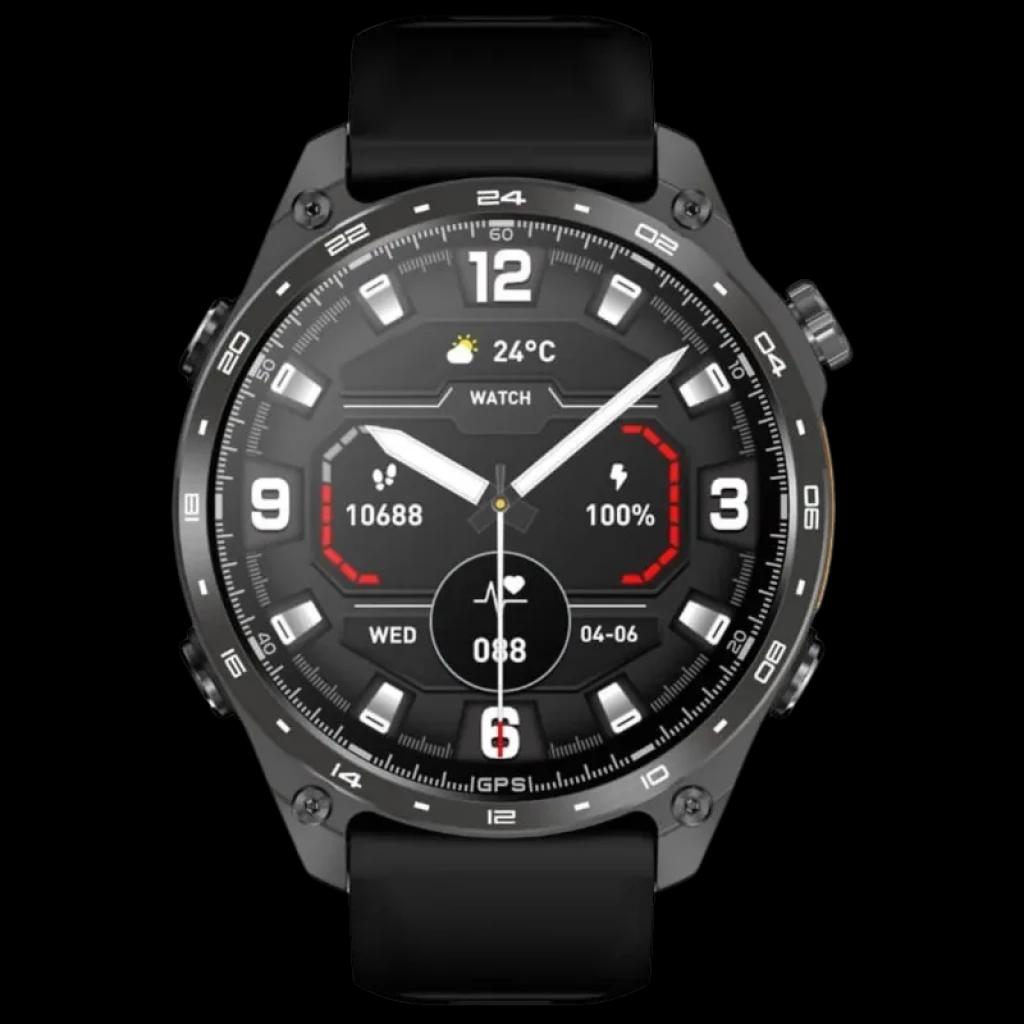 HD300 Pro Noir - Montre intelligente ronde en métal noir, lunette 24h, écran noir avec cadrans sportifs, capteur cardio, pas, batterie 100%, bracelet