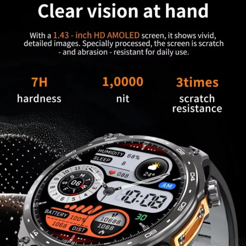 HD300 Pro Noir - Montre intelligente avec écran AMOLED 1,43 po, boîtier métal robuste, lunette graduée, multiples cadrans et résistances aux rayures