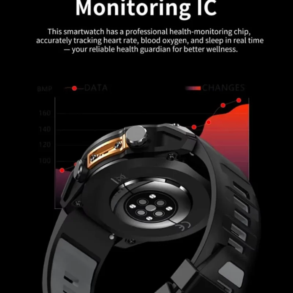 HD300 Pro Noir - Montre intelligente avec capteur cardiaque optique, suivi SpO2 et sommeil, boîtier noir robuste, bracelet silicone, dos avec capteurs
