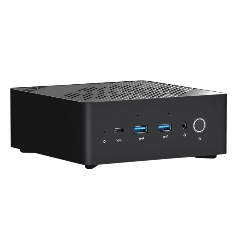 Mini PC compacto negro con rejillas superiores, frontal con USB-C, dos USB-A, jack de audio y botón de encendido; diseño minimalista y puertos frontales