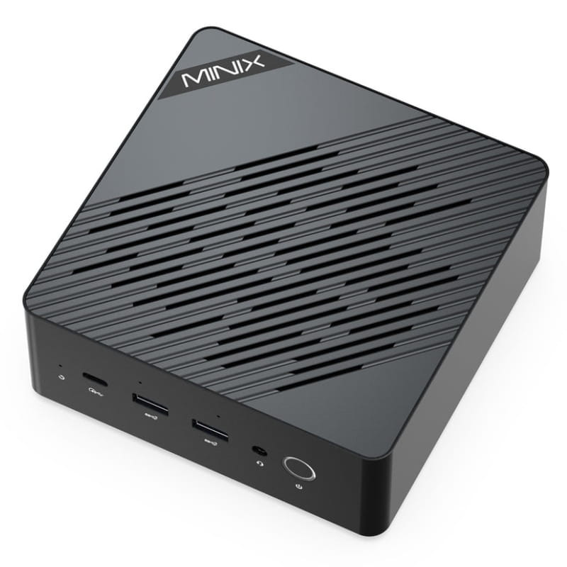 Mini PC Minix ER937-AI negro, diseño compacto con tapa texturizada diagonal, puertos frontales USB-A, USB-C, jack 3.5 mm y botón de encendido