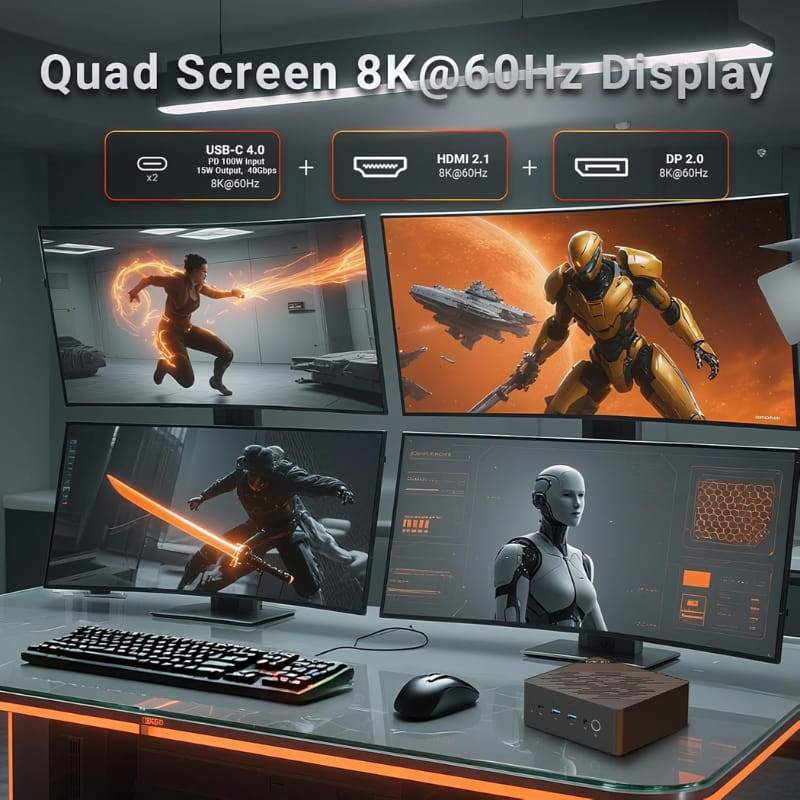 Mini PC Minix ER937-AI con Ryzen AI 9 HX370, 32GB RAM y 1TB. Soporta salida 8K a 60Hz en cuatro pantallas vía USB‑C 4.0, HDMI 2.1 y DisplayPort 2.0
