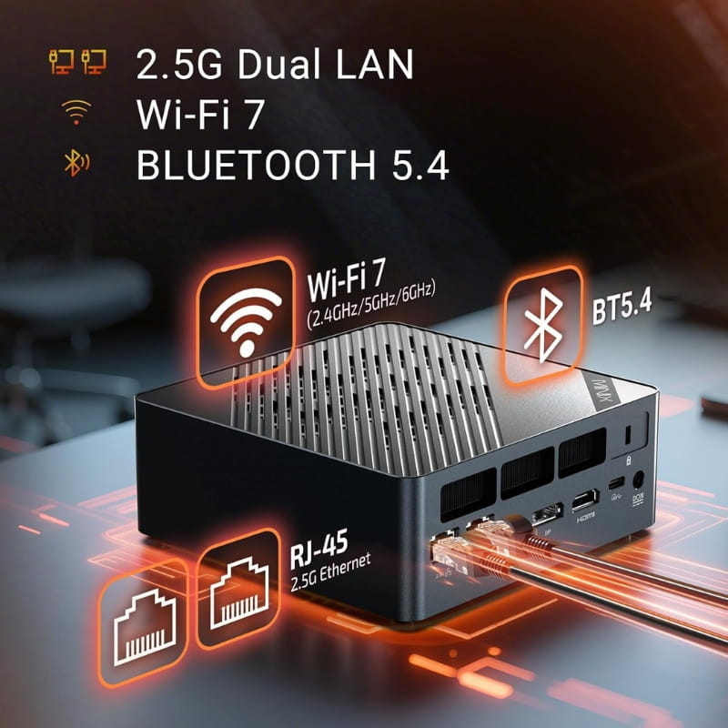 Mini PC compacto con rejilla superior, puertos frontales USB-C y audio, doble RJ-45 2.5G, Wi‑Fi 7 y Bluetooth 5.4, diseño negro con detalles naranjas