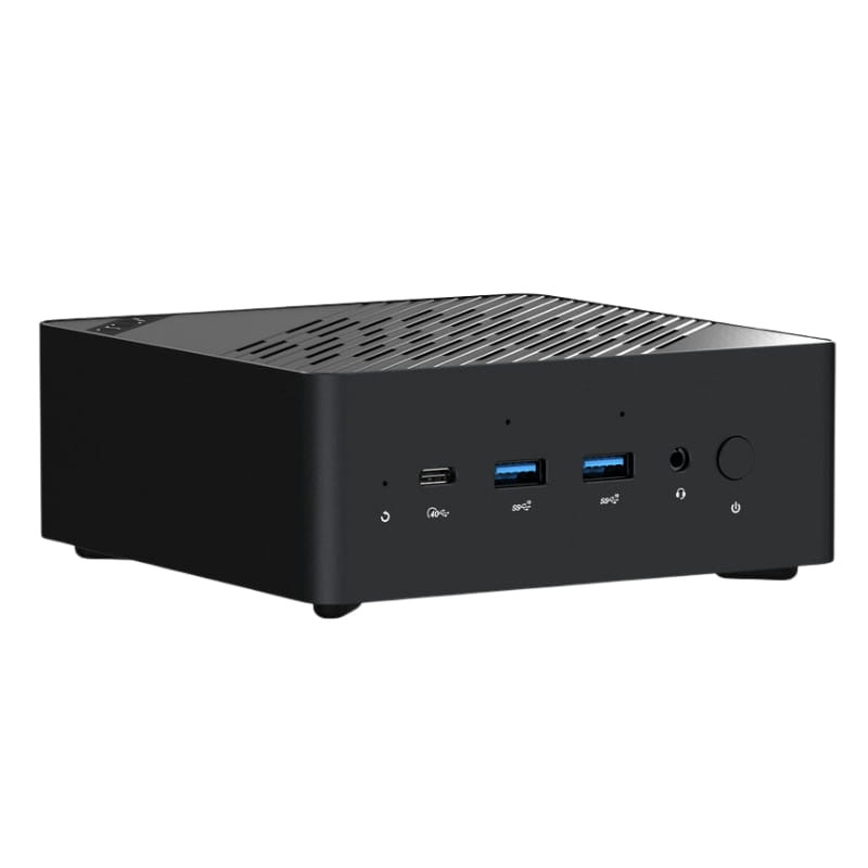 Mini PC compacto negro con rejillas superiores, frontal con USB-C, dos USB-A azules, jack de audio y botón de encendido; diseño limpio y minimalista