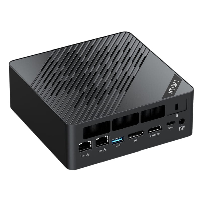 Mini PC Minix ER936-AI negro compacto con chasis ranurado, múltiples puertos frontales y traseros: DP, HDMI, USB, USB-C, LAN dual y ranura PCIe