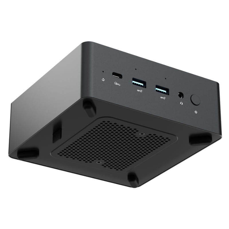 Minix ER936-AI mini PC compacto en negro con ventilación inferior, patas antideslizantes, USB-C frontal, dos USB-A, jack de audio y botón de encendido