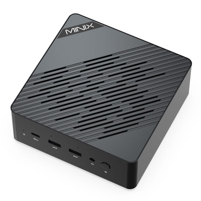 Mini PC compacto en negro con carcasa texturizada diagonal, logo Minix en esquina, puertos frontales USB-C, USB-A, jack y botón de encendido