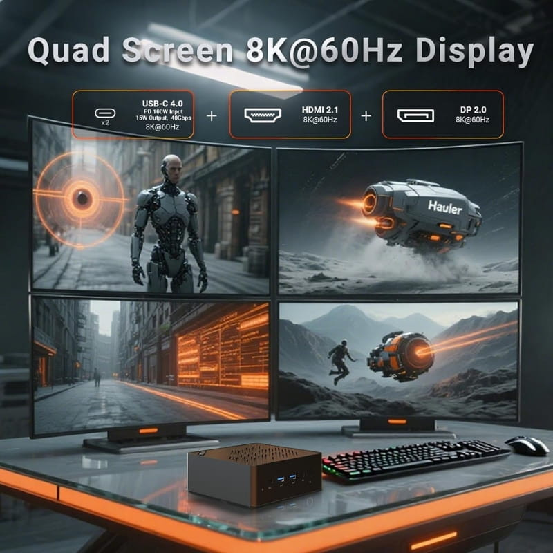 Mini PC Minix ER936-AI con chasis perforado, puertos frontales USB y audio, soporte 8K a 60 Hz en cuatro pantallas vía USB-C 4.0, HDMI 2.1 y DP 2.0