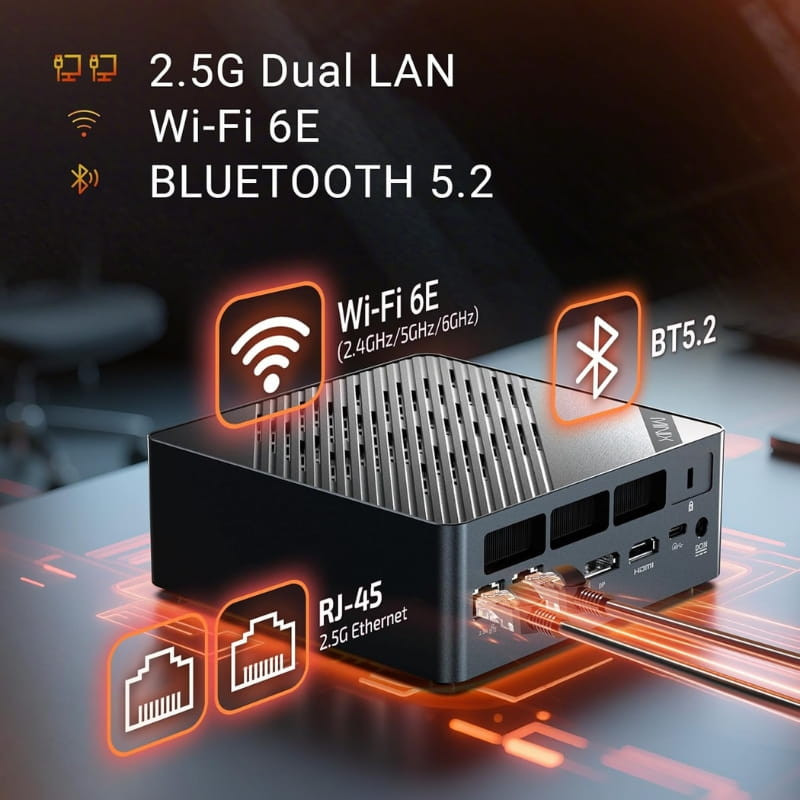 Mini PC compacta Minix ER936-AI con chasis gris ventilado, múltiples puertos frontales y traseros, RJ-45 2.5G, USB, HDMI, Wi‑Fi 6E y Bluetooth 5.2