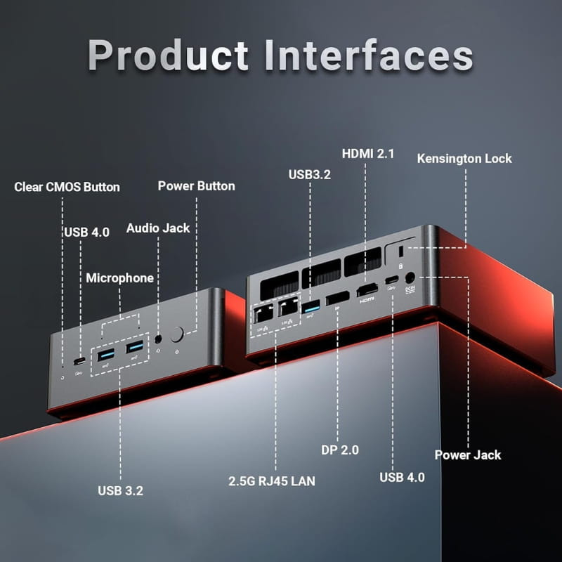 Minix ER936-AI Mini PC compacto con múltiples puertos: USB 3.2, USB-C, HDMI 2.1, DP 2.0, 2.5G LAN, jack de audio, micrófono, botón CMOS y Kensington Lock