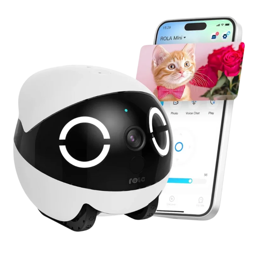 Enabot ROLA Mini 2K: robô compacto com câmara 2K, luzes LED circulares, rodas ocultas e controlo a partir do smartphone; ideal para vigilância doméstica