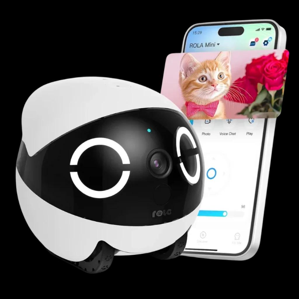Enabot ROLA Mini 2K: robot compacto con cámara 2K, luces LED circulares, ruedas ocultas y control desde smartphone; ideal para vigilancia doméstica