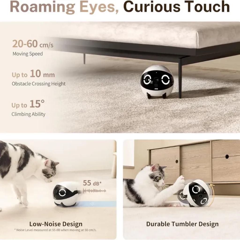 Robot Enabot ROLA Mini 2K blanco y negro con ojos LED, diseño tambaleante duradero, movimiento bajo cama, silencioso 55 dB