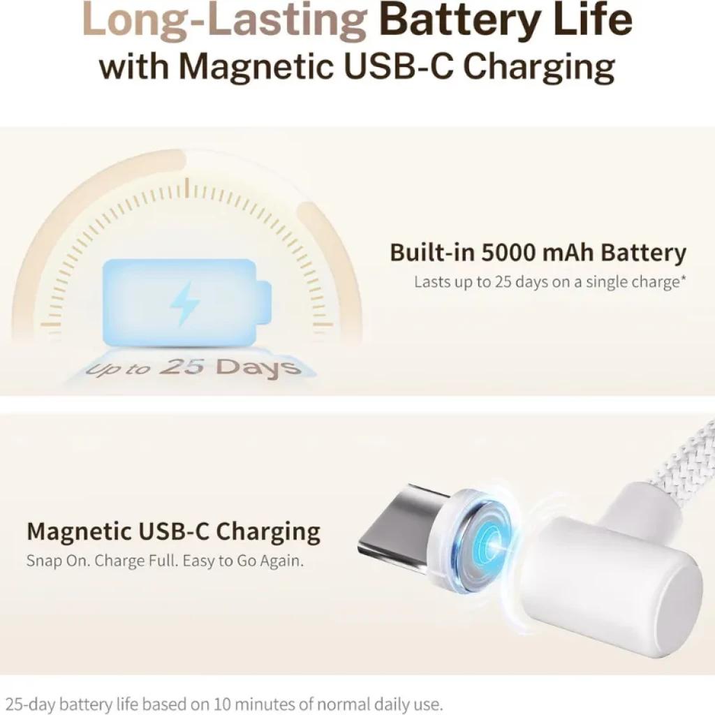 Enabot ROLA Mini 2K con batería 5000 mAh, autonomía hasta 25 días y carga USB-C magnética; conector imantado y cable trenzado para carga rápida
