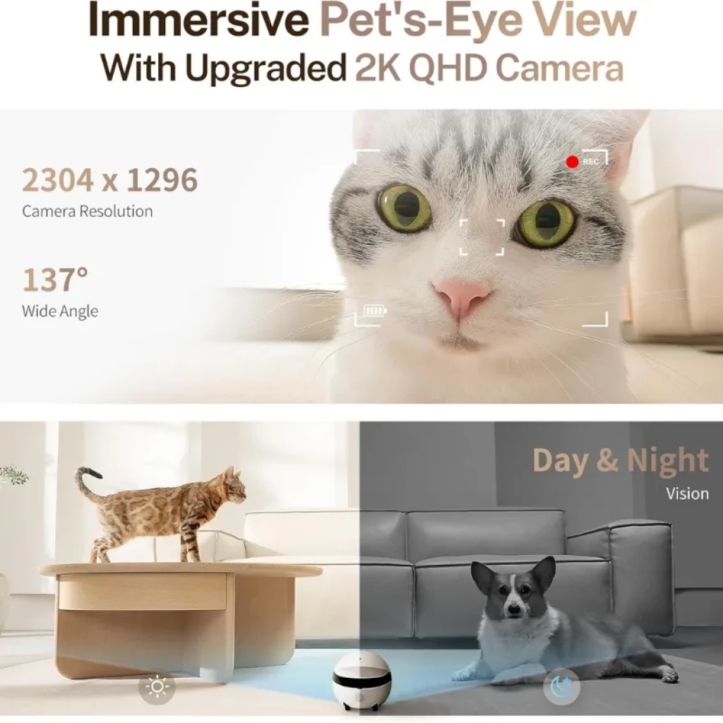 Cámara 2K QHD para mascotas con ángulo amplio 137°, visión día y noche y seguimiento en movimiento; ideal para vigilar hogar y mascotas con claridad