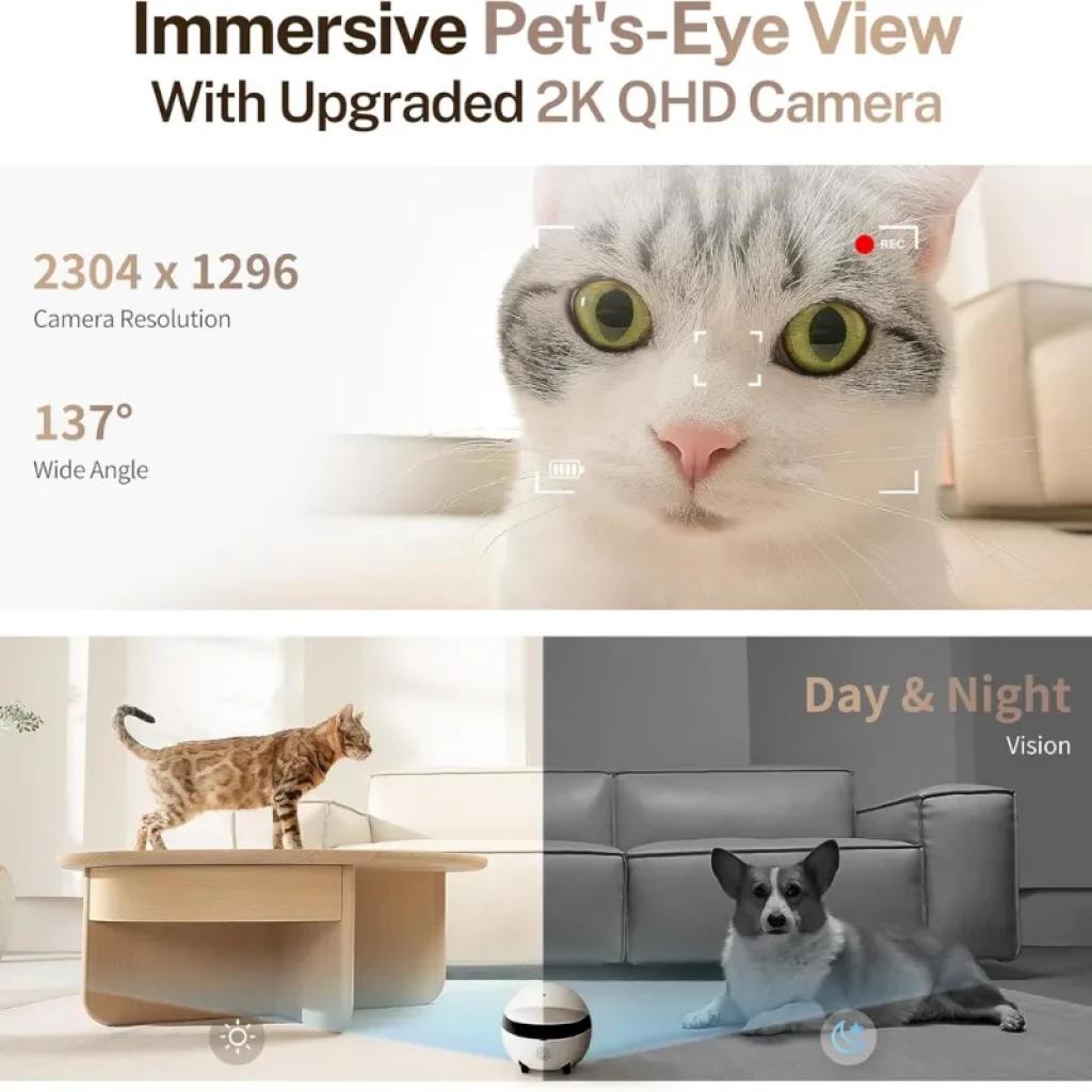 Cámara 2K QHD para mascotas con ángulo amplio 137°, visión día y noche y seguimiento en movimiento; ideal para vigilar hogar y mascotas con claridad