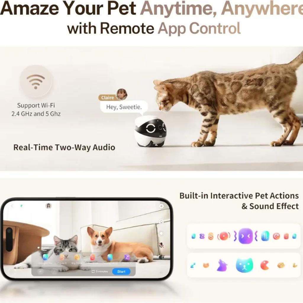 Enabot ROLA Mini 2K, robot blanco con cámara 2K, ojos LED, altavoz y micro para audio bidireccional, control por app, Wi‑Fi 2.4/5 GHz y acciones interactivas