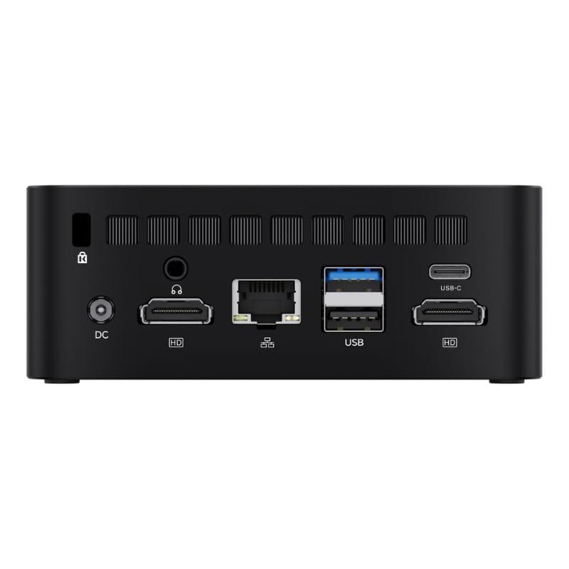 Teclast N30 Intel N150 16GB/512GB W11 Pro Mini PC, chasis negro con múltiples puertos: HDMI dual, USB-A, USB-C, RJ45, audio y DC, rejillas de ventilación