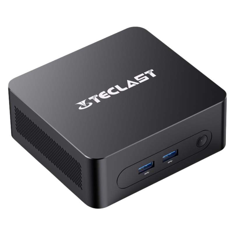 Mini PC Teclast N30 negro compacto con carcasa metálica, ventilación lateral, 2 puertos USB 3.0 frontales y botón de encendido; diseño sobrio y portátil